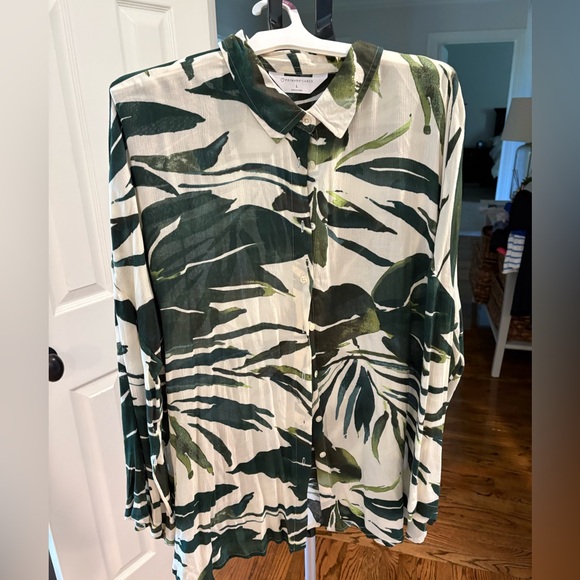 Primark Tops - Primark Green and White Tropical Print Button-Up Blouse